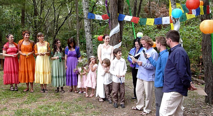 Mary & Brendan's Wedding at their home on Macleay Island Redlands off Brisbane. Mary & Brendan had a 7 Chakra Handfasting and the Wedding Party the Bride & Groom and Marry Me Marilyn each represented a chakra.